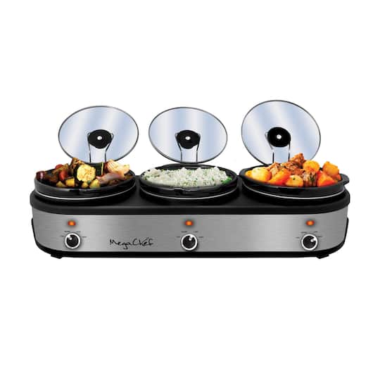 MegaChef Brushed Silver, Black Finish Triple 2.5qt. Slow Cooker, Buffet Server W/ 3 Ceramic Cooking Pots, Removable Lid Rests , 31" x 13" x 10.5" ,